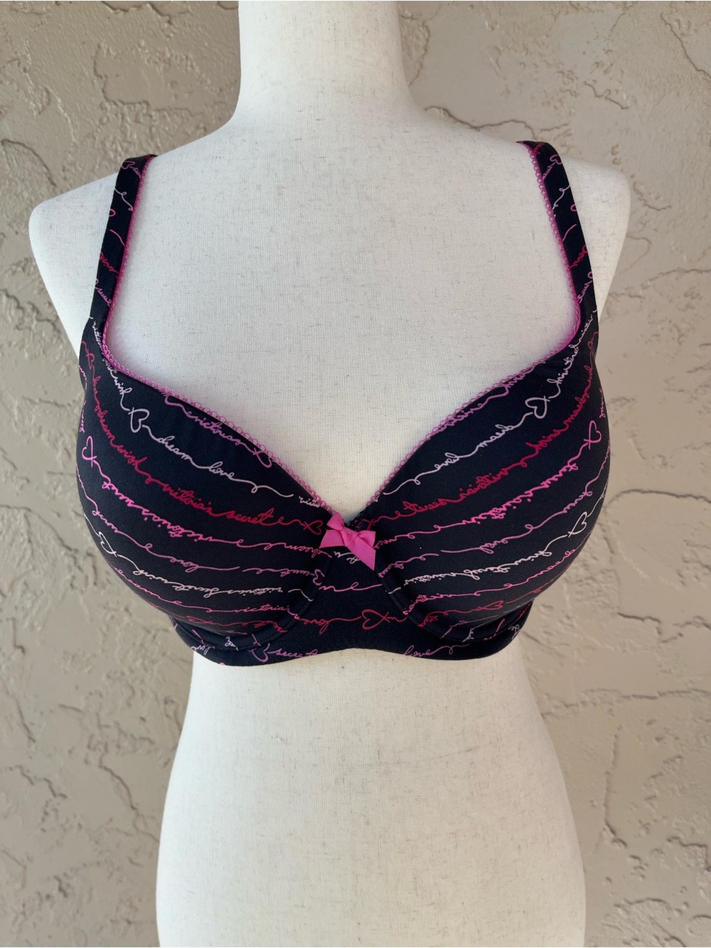 Victoria's Secret Black Bra with Pink Script Accents